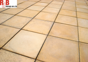 Sandstone patio with RJB Logo